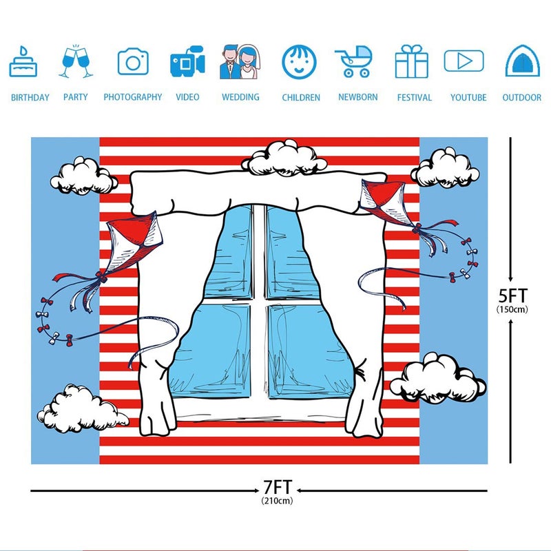 Ticuenicoa 7x5ft Cartoon Window Backdrops for Photography Kids Birthday Party Background Blue Red Kite Striped Kids Baby Shower Party Backdrop Boys Girls 1st Birthday Decorations Cake Table Banner - Image 5